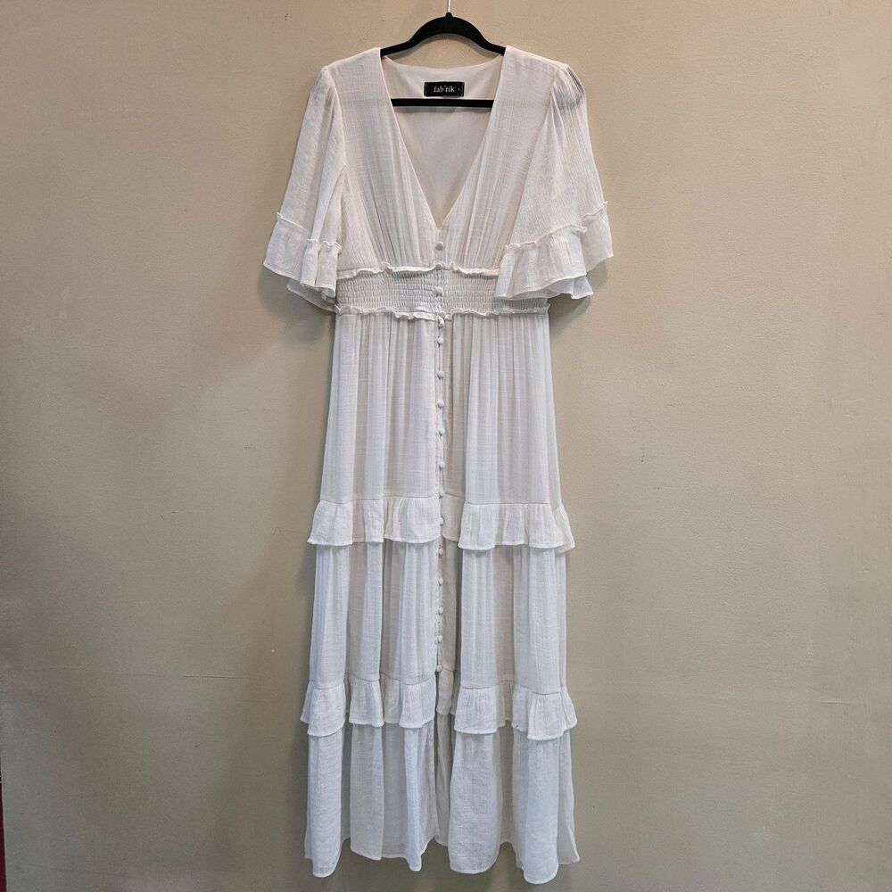 FAB'RIK Maxi Dress White Women Sz L Ruffles Tiers V-Neck Bohemian Cottagecore